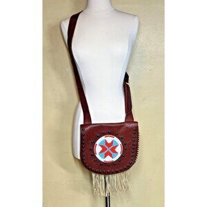 Native American Leather Crossbody Purse Bag Knife Sheath Strap Fringe Beaded